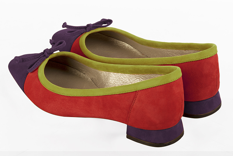 Amethyst purple, scarlet red and pistachio green women's ballet pumps, with low heels. Square toe. Flat flare heels. Rear view - Florence KOOIJMAN
